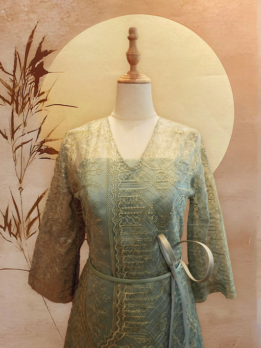 Pistachio Green Evening Dress with Gold Mesh and Waist Ribbon