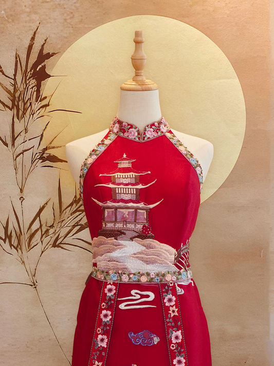 Red Sangjit-Style Dress with Oriental Embroidery