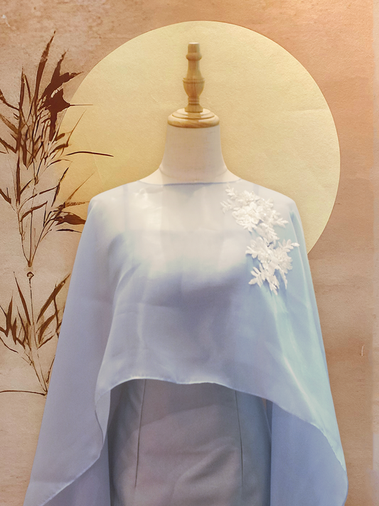 Silver Thai Silk Cheongsam with Light Blue Organza Cape