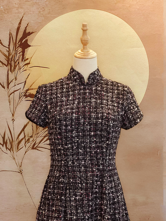Black, White and Pink Tweed Flare Cheongsam