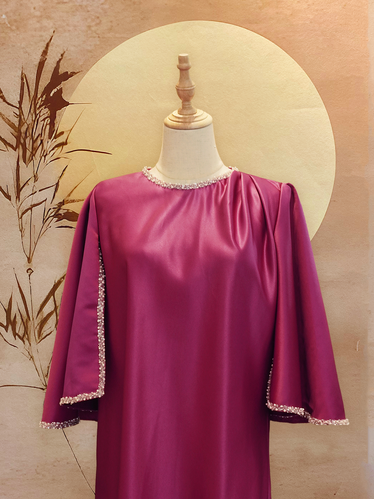 Fuchsia Pink Evening Gown with Jewelled Collar and Flowy Sleeves