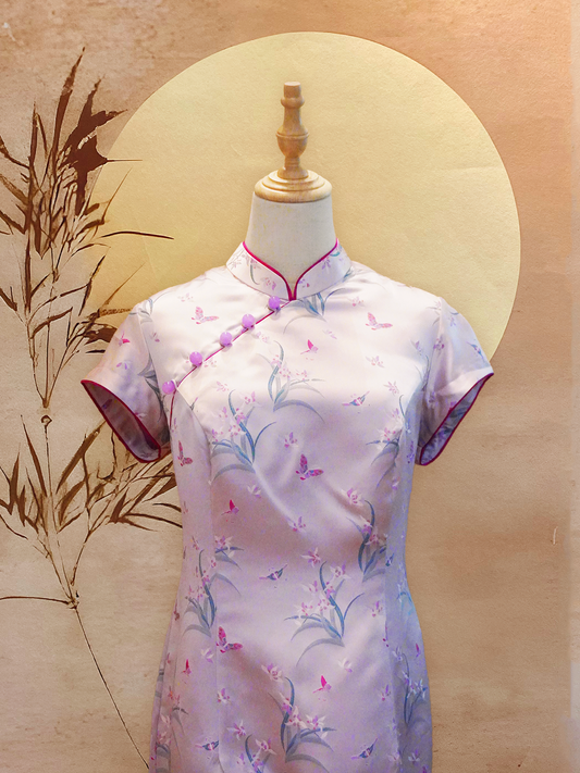 Purple Jacquard Cheongsam with Floral and Butterfly Print and Fuchsia Pink Piping