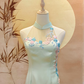 Light Green Duchess Satin Cheongsam with Front Mesh and Pink-Blue Cherry Blossom Appliqué
