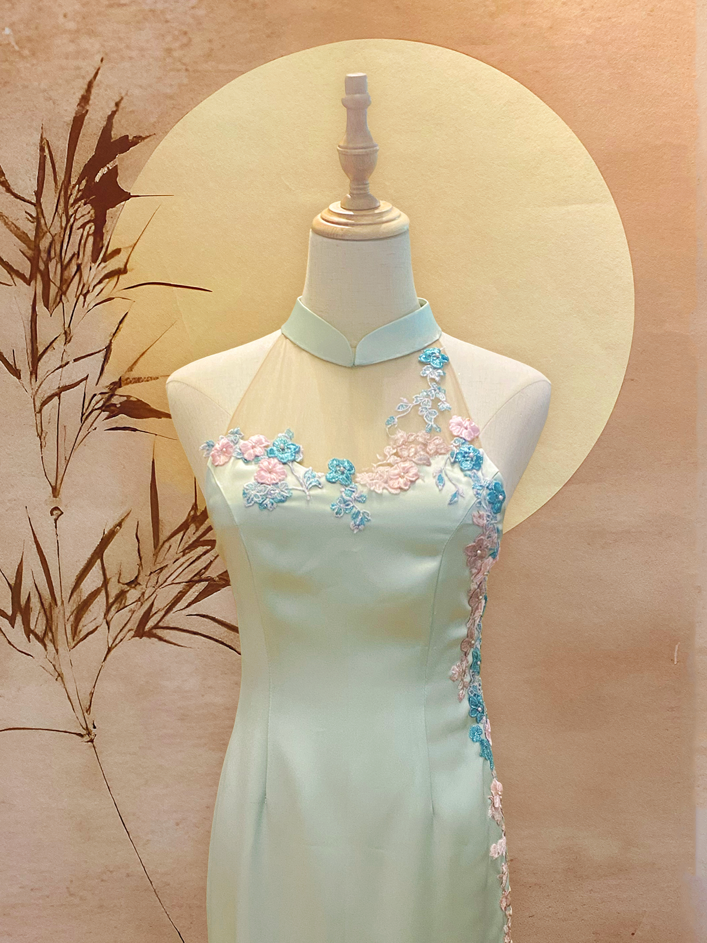 Light Green Duchess Satin Cheongsam with Front Mesh and Pink-Blue Cherry Blossom Appliqué