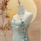 Light Green Duchess Satin Cheongsam with Front Mesh and Pink-Blue Cherry Blossom Appliqué