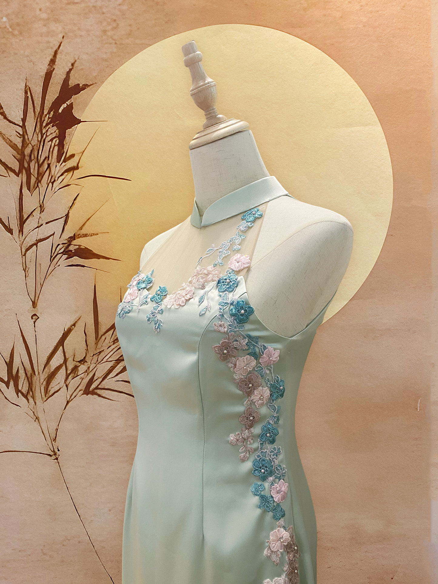 Light Green Duchess Satin Cheongsam with Front Mesh and Pink-Blue Cherry Blossom Appliqué