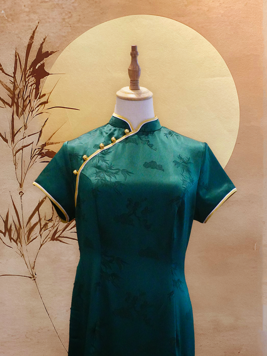 Jade Green Chinese Silk Cheongsam with Cap Sleeves and Gold Piping