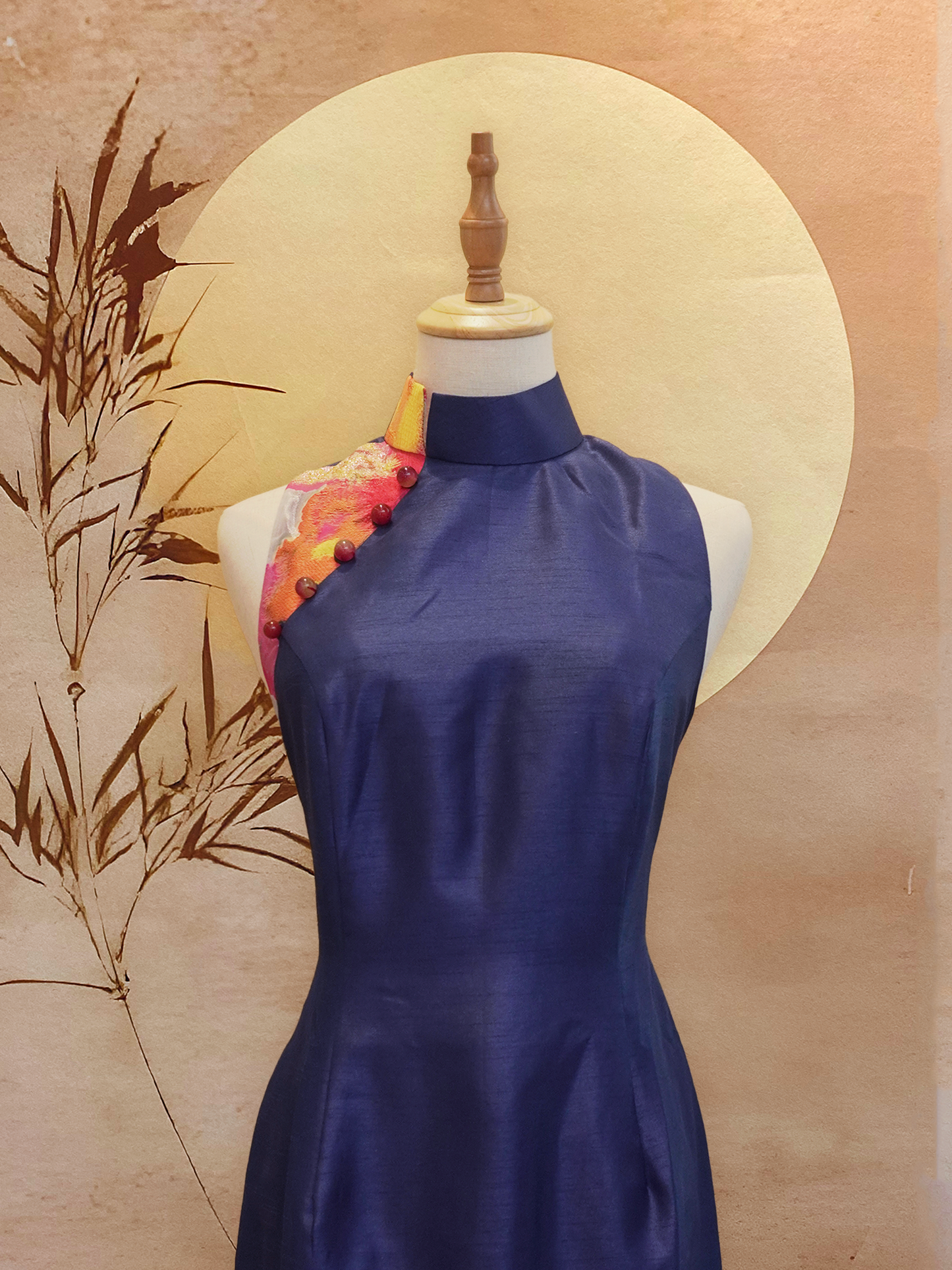 Midnight Thai Silk Cheongsam with Jacquard Blocking
