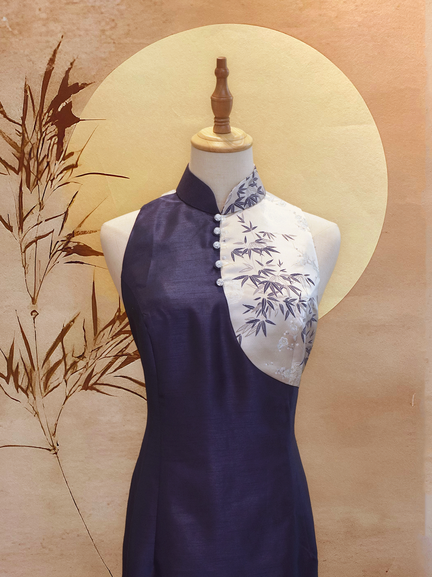 Midnight Thai Silk Cheongsam with Silver and Blue Jacquard Blocking