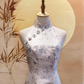 Silver-Blue Cherry Blossom Jacquard Mermaid-cut Cheongsam with Flower Beads
