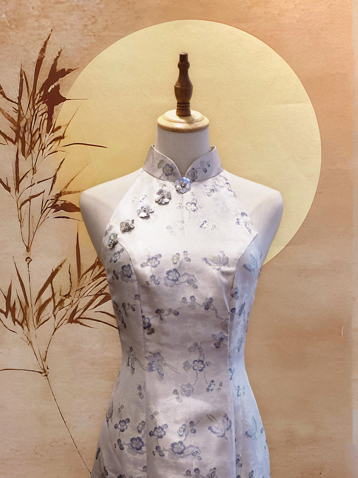 Silver-Blue Cherry Blossom Jacquard Mermaid-cut Cheongsam with Flower Beads