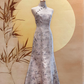 Silver-Blue Cherry Blossom Jacquard Mermaid-cut Cheongsam with Flower Beads