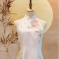 White Thai Silk Cheongsam with Pink Floral Appliqué