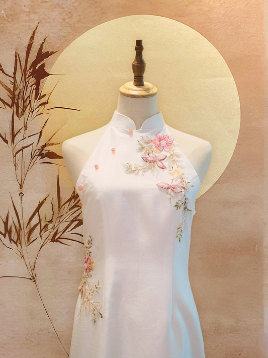 White Thai Silk Cheongsam with Pink Floral Appliqué