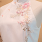 White Thai Silk Cheongsam with Pink Floral Appliqué