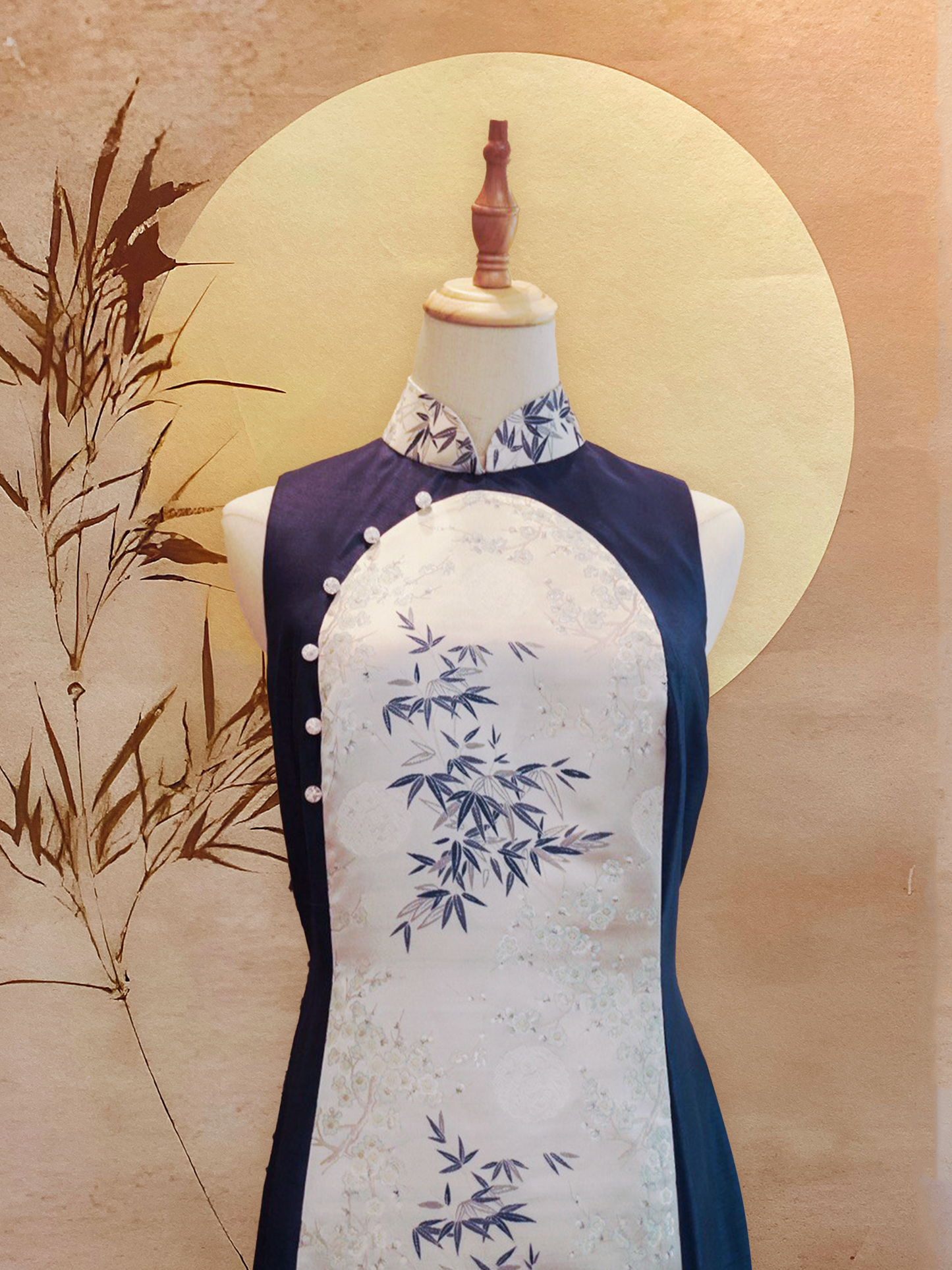 Midnight Blue Thai Silk with Silver Jacquard Cheongsam