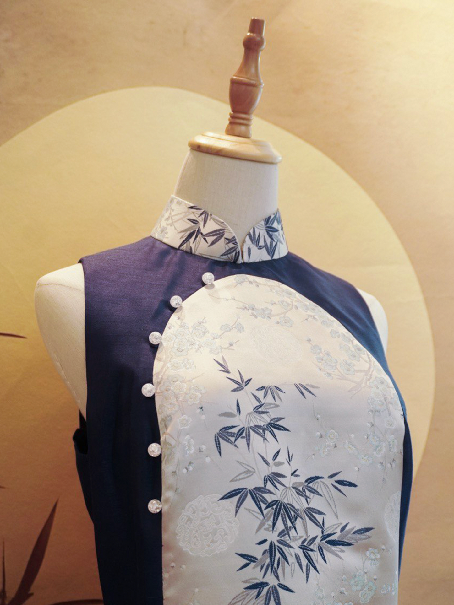 Midnight Blue Thai Silk with Silver Jacquard Cheongsam