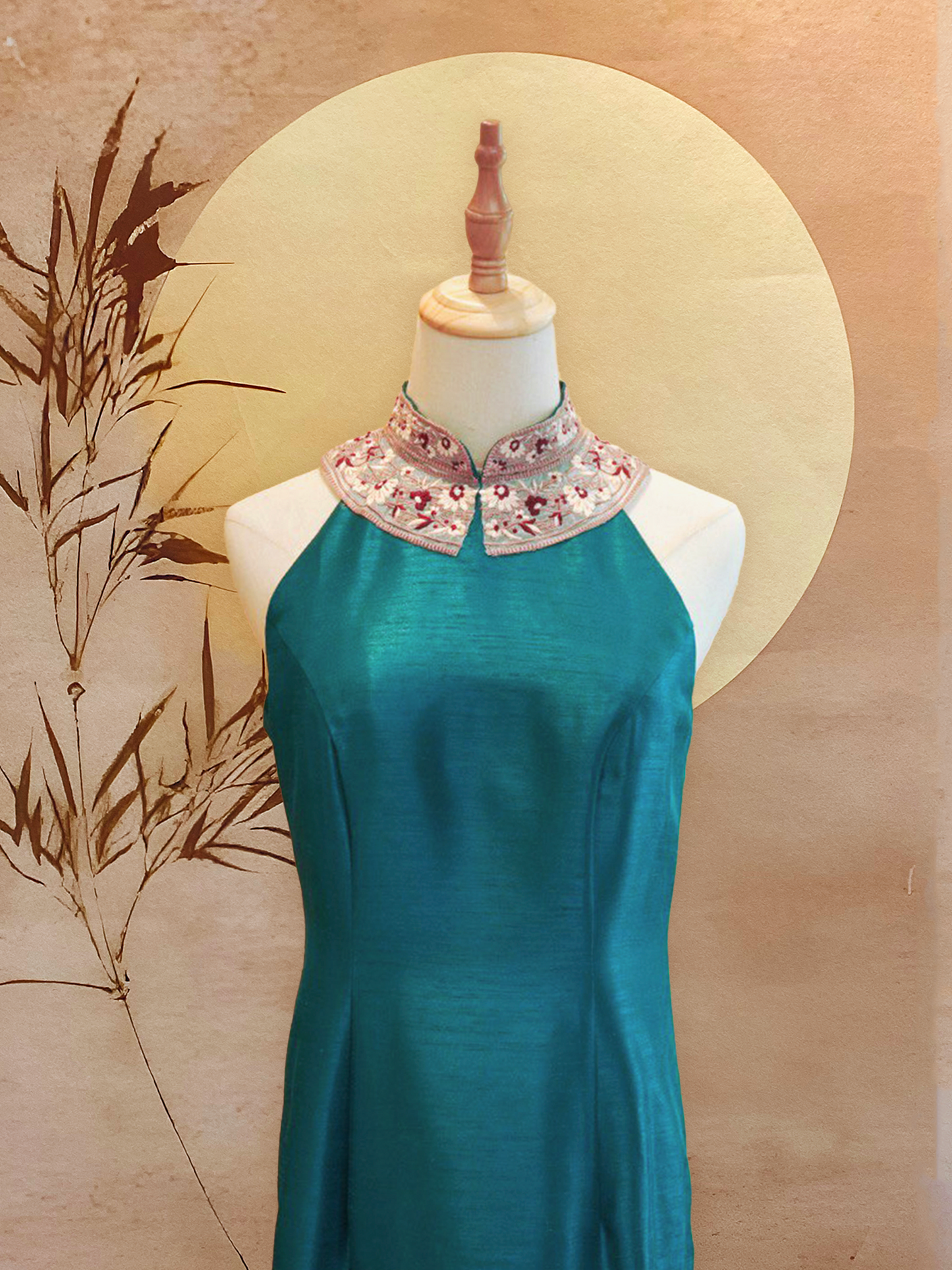 Teal Green Cheongsam with Embroidered Collar