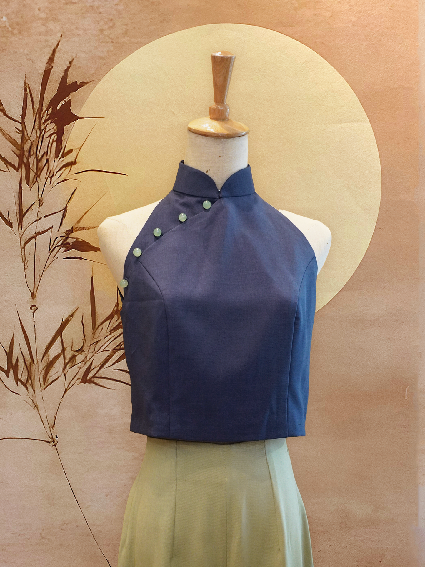 2pc Midnight Blue Cotton Top with Jade Beads and Sage Green Cotton Pants