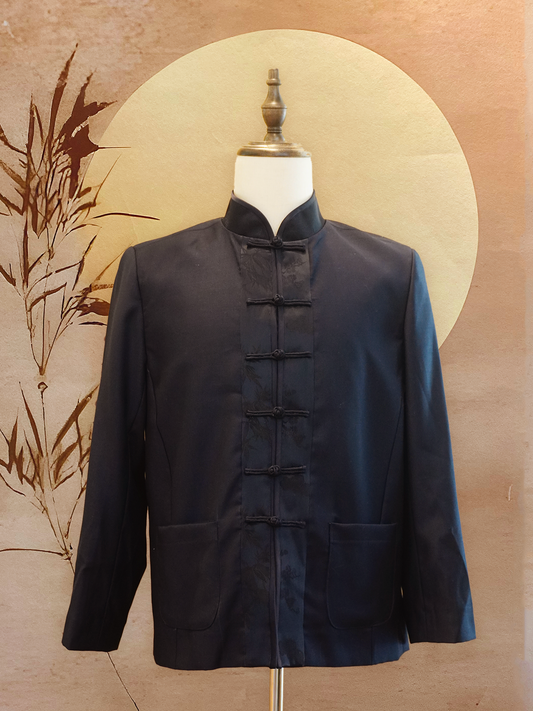 Black Wool Tang Shirt with Pockets and Chinese Silk Placket