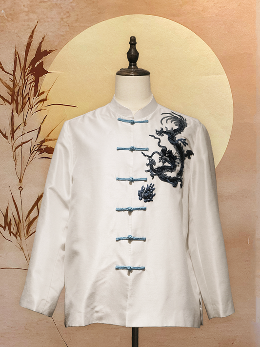 White Thai Silk Tang Shirt with Blue Chinese Knots and Dragon Embroidery