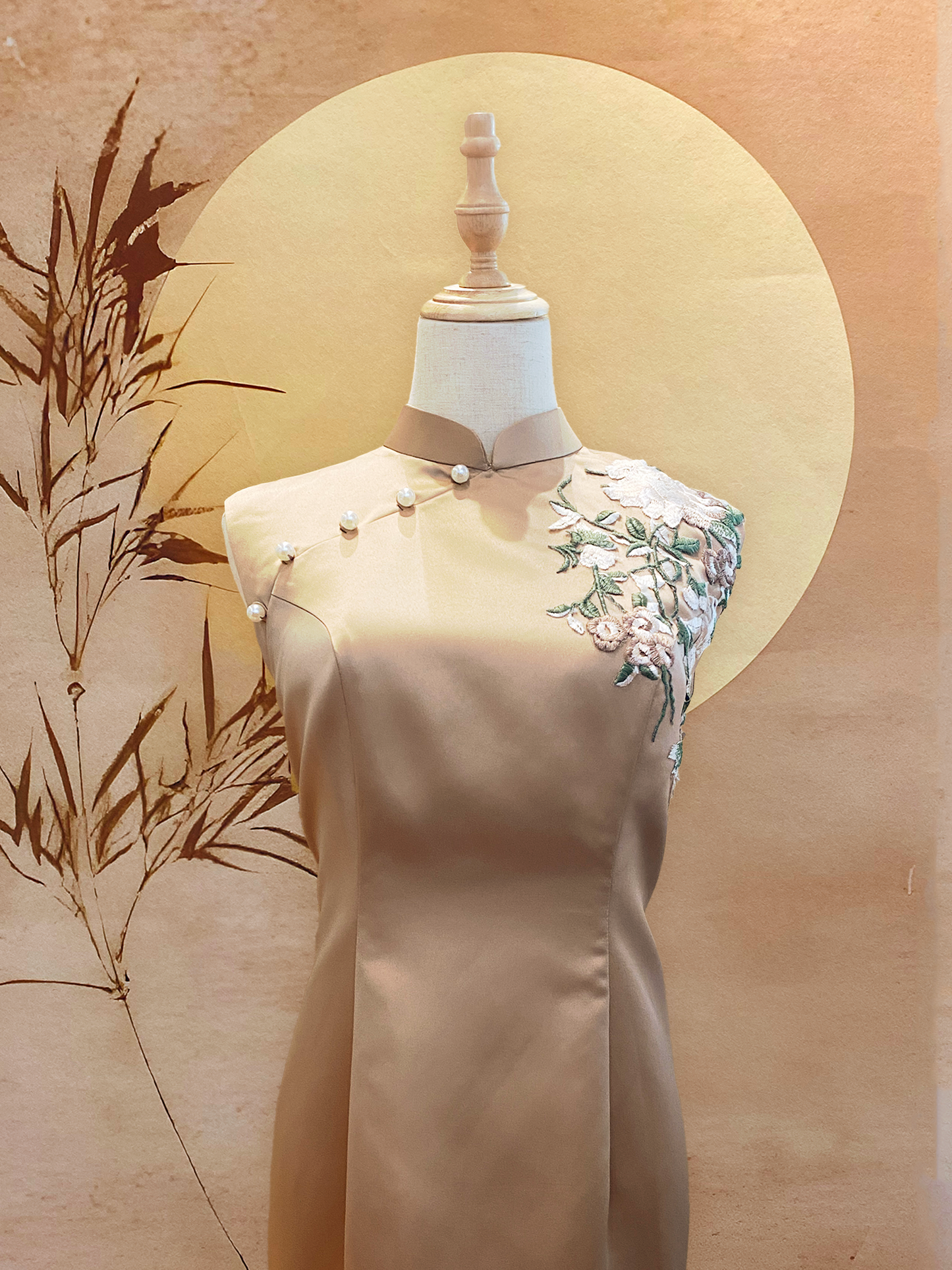 Taupe Satin Cheongsam with Floral Appliqué