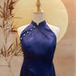 Navy Blue Chinese Silk Cheongsam with Diamond Back Cut-Out