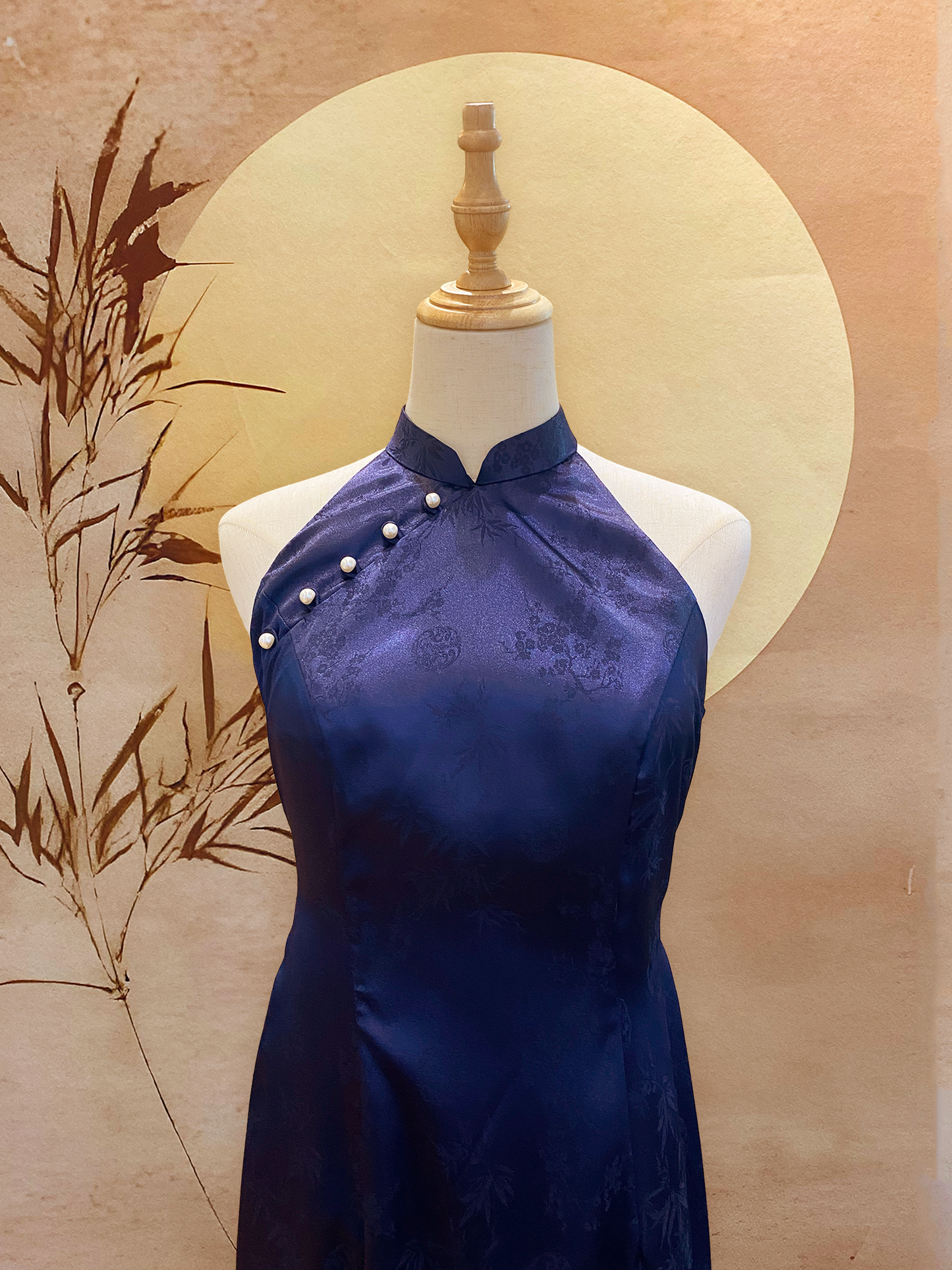 Navy Blue Chinese Silk Cheongsam with Diamond Back Cut-Out