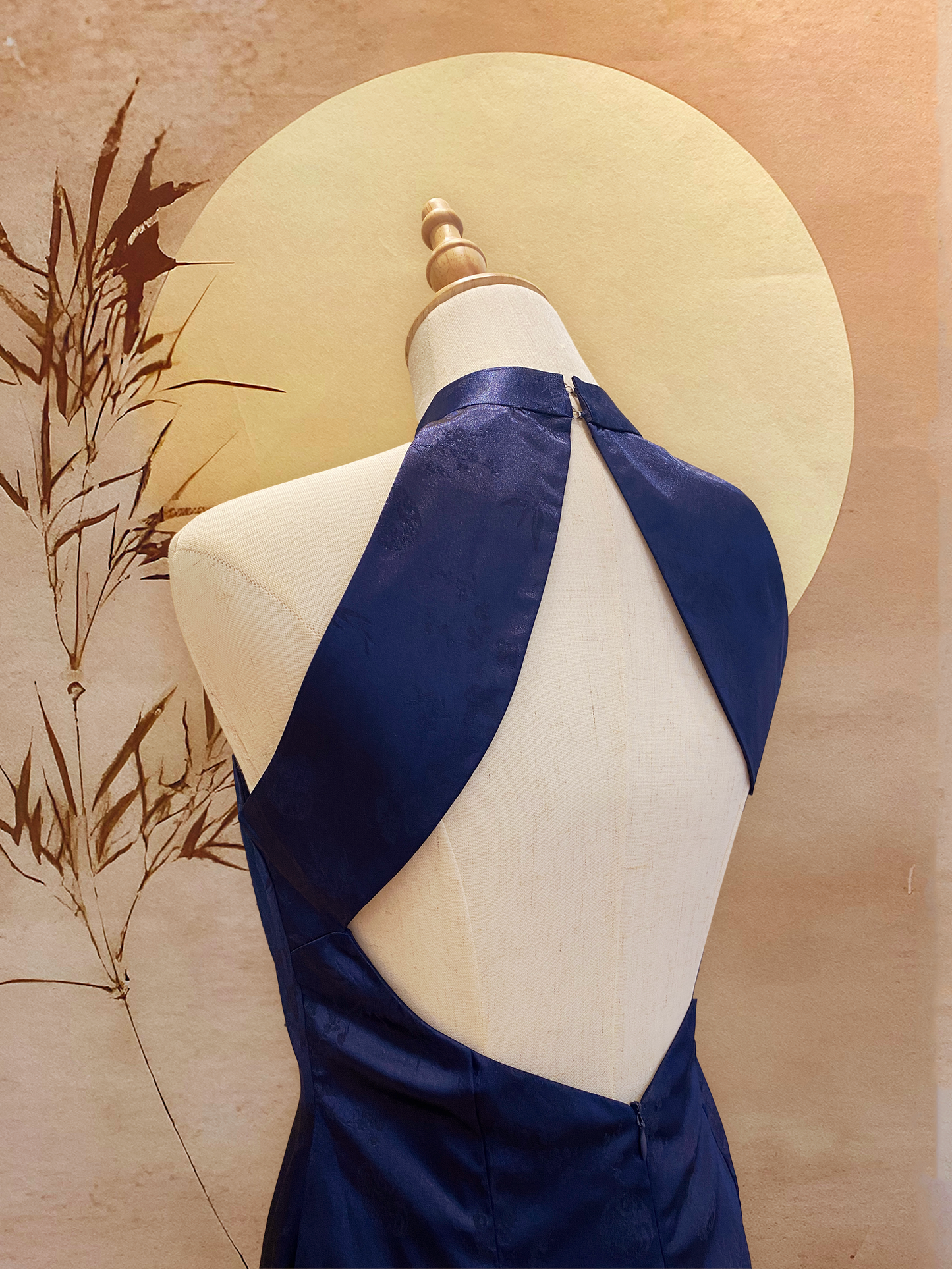 Navy Blue Chinese Silk Cheongsam with Diamond Back Cut-Out