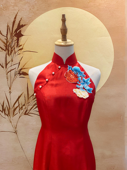 Red Thai Silk Cheongsam with Floral Appliqué