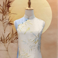 White Nature Jacquard Cheongsam with Blue Satin Side