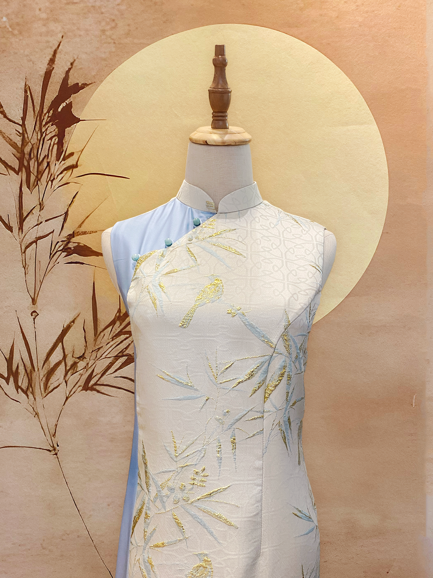White Nature Jacquard Cheongsam with Blue Satin Side