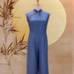 Blue Cotton Jumpsuit with Red Beads and Piping