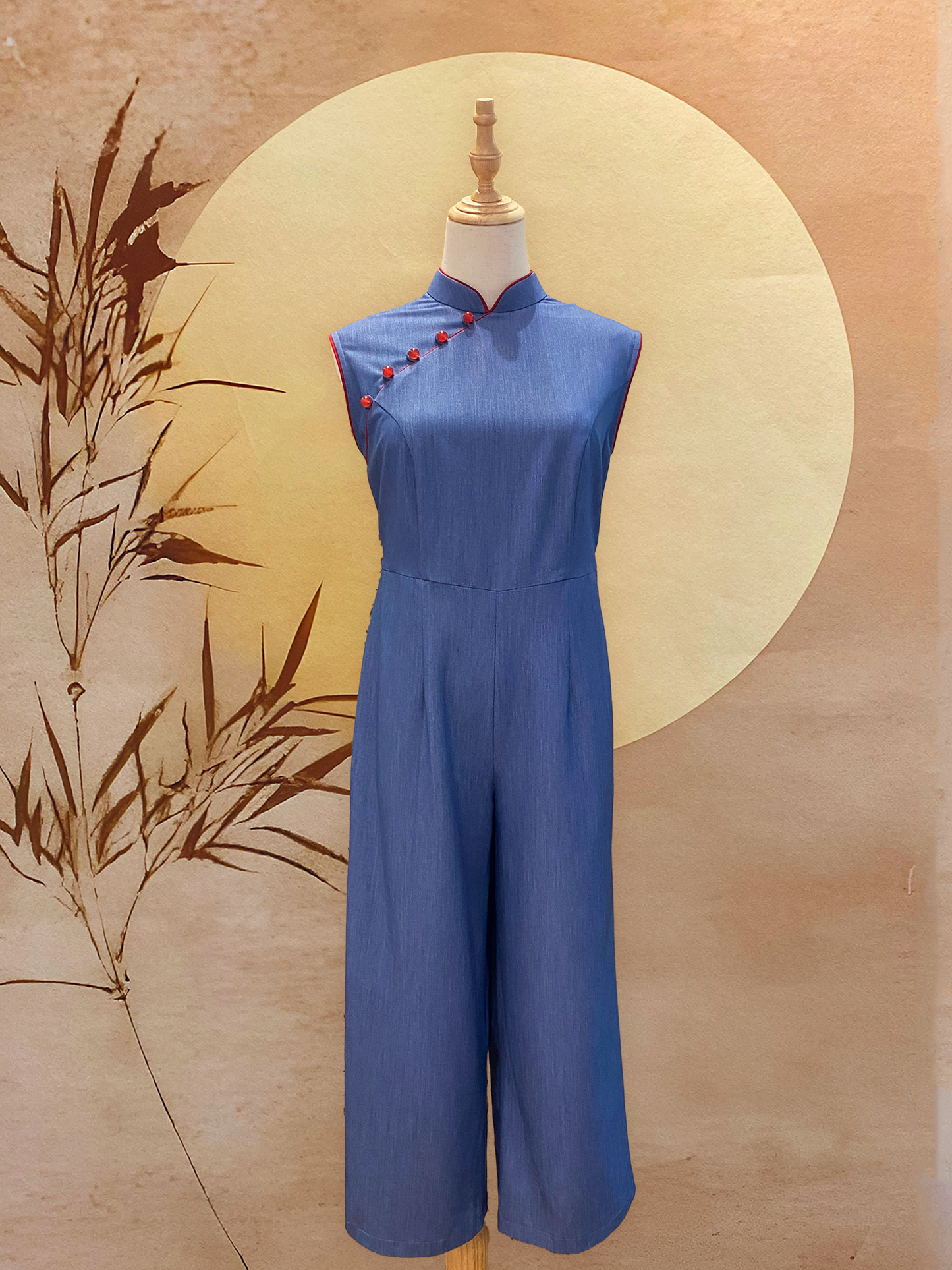 Blue Cotton Jumpsuit with Red Beads and Piping