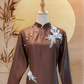 Brown Thai Silk Long Sleeved Cheongsam with Floral Applique
