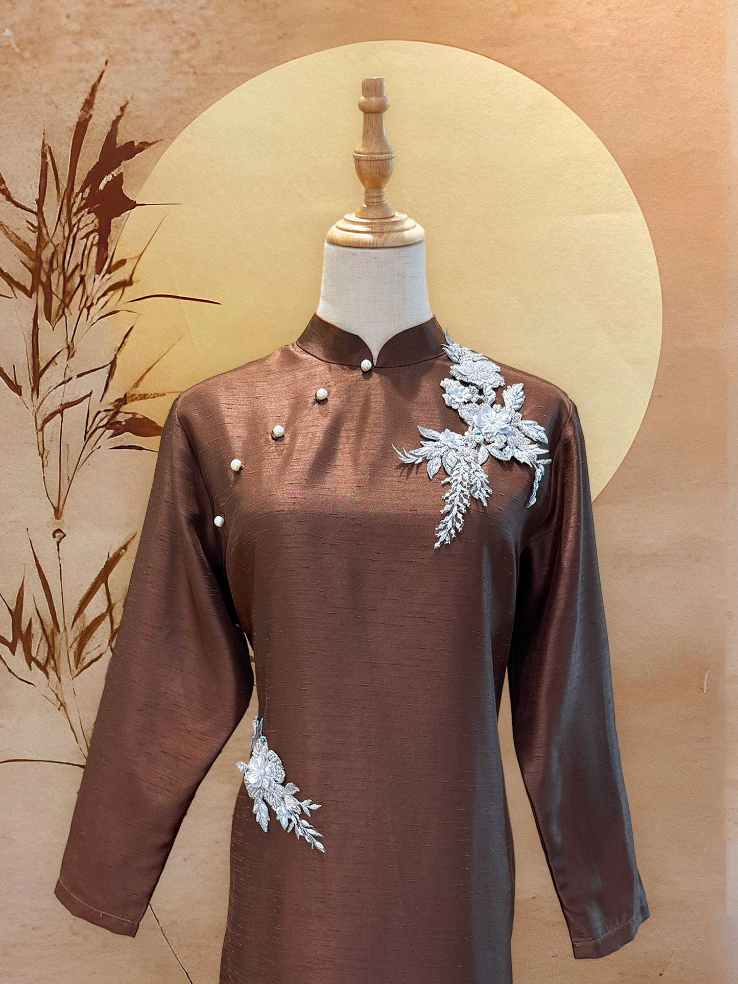Brown Thai Silk Long Sleeved Cheongsam with Floral Applique