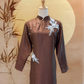Brown Thai Silk Long Sleeved Cheongsam with Floral Applique
