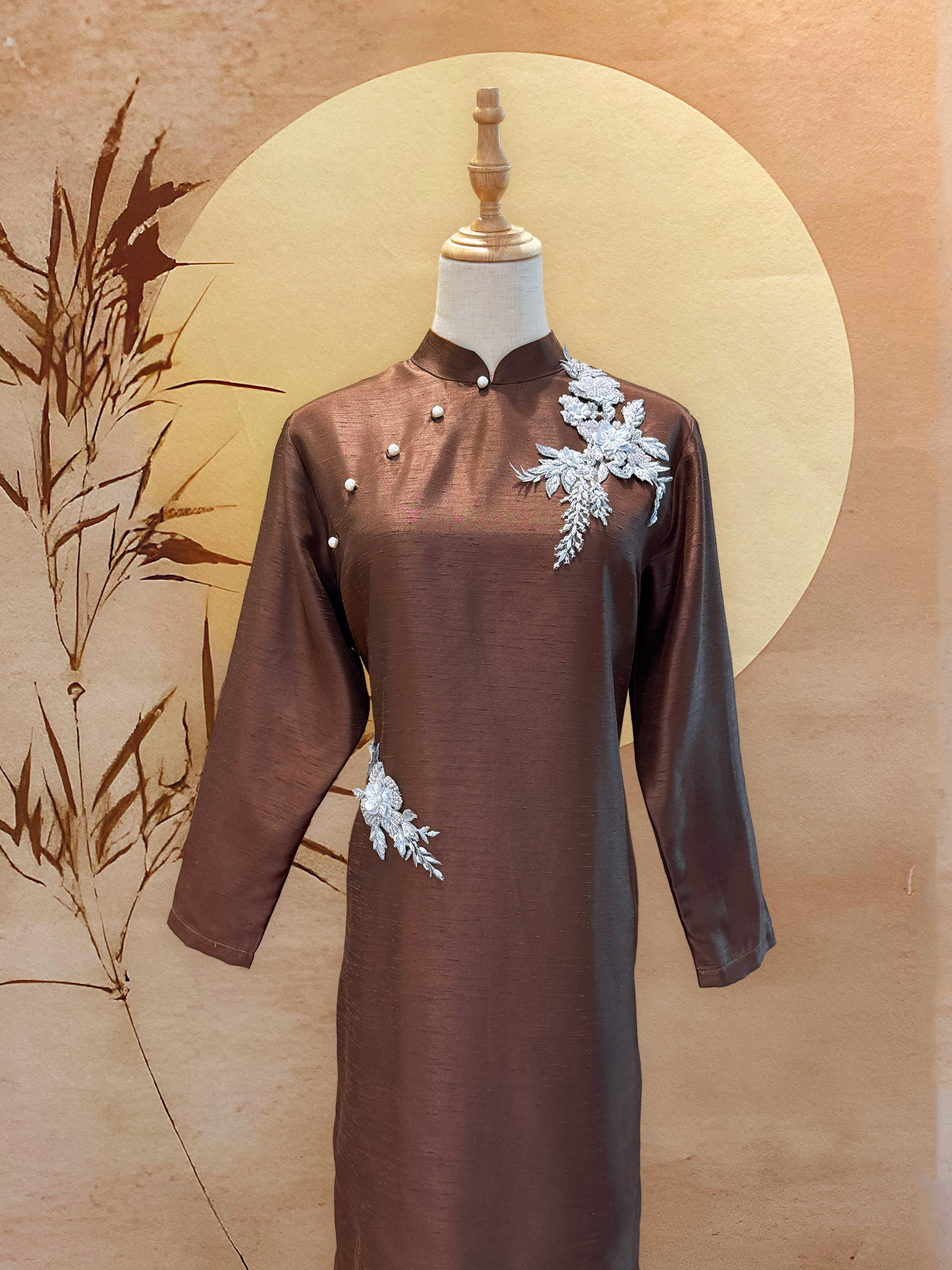 Brown Thai Silk Long Sleeved Cheongsam with Floral Applique