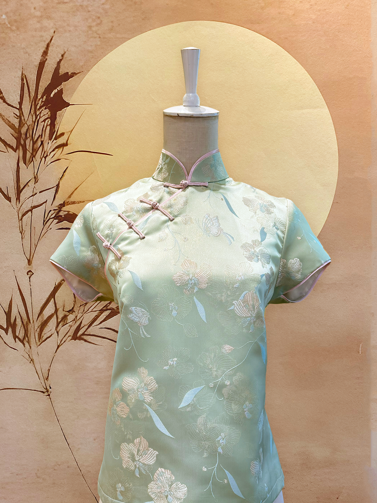 Sage Green Chinese Jacquard Top with Pink Frog Buttons and Trimming