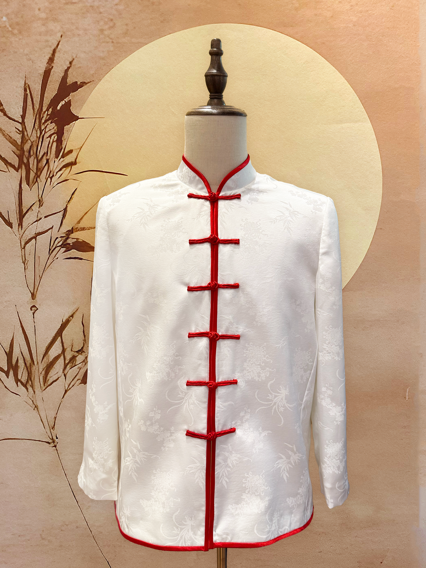 White Chinese Silk Tang Shirt with Red Trimming and Frog Buttons