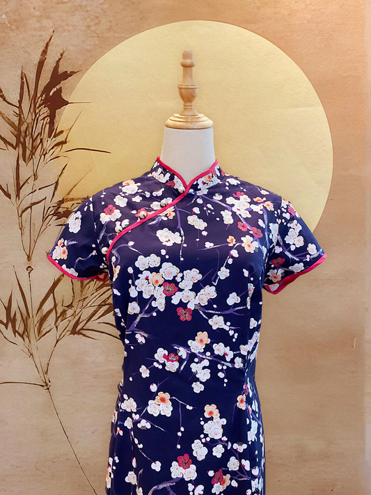 Cherry Blossom Midnight Blue Cotton Cheongsam with Fuchsia Pink Trimming