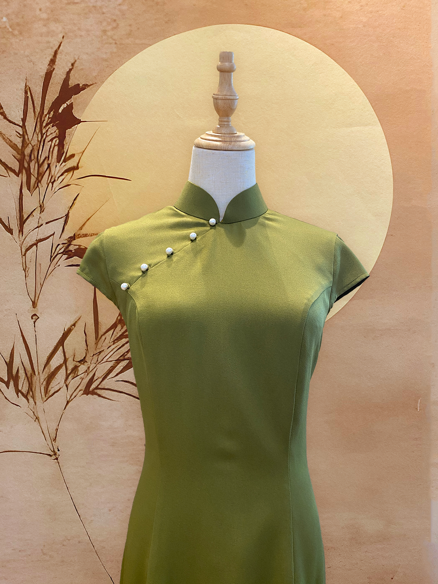 Olive Green Cheongsam with Cap Sleeves