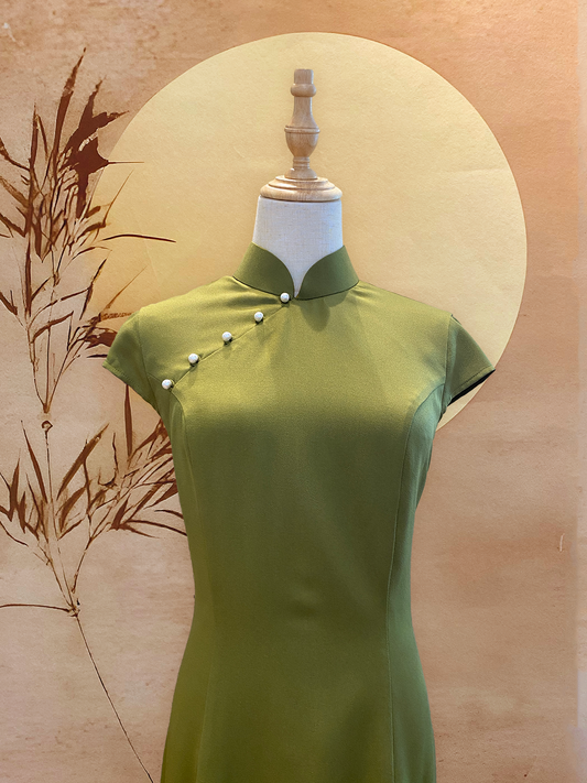 Olive Green Cheongsam with Cap Sleeves