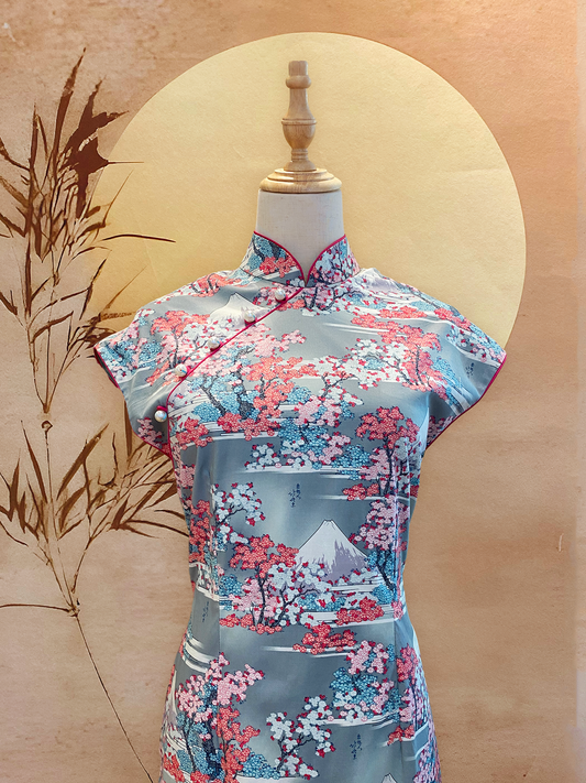 Printed Japanese Cotton Cheongsam with Fuchsia Piping