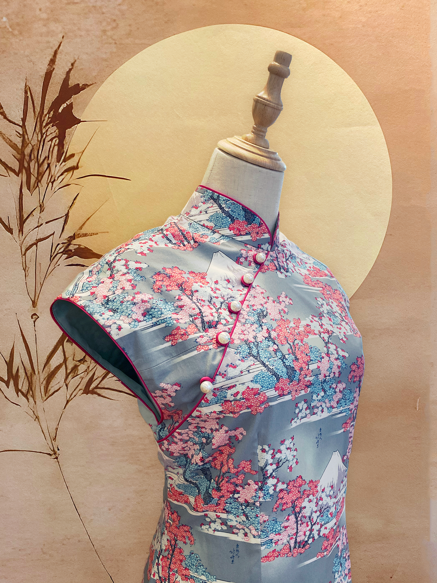 Printed Japanese Cotton Cheongsam with Fuchsia Piping