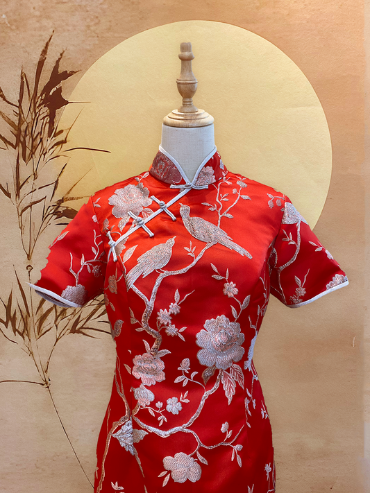Red Jacquard Cheongsam with Silver Trimming