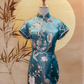 Dark Green Jacquard Cheongsam with Gold Trimming and Frog Buttons
