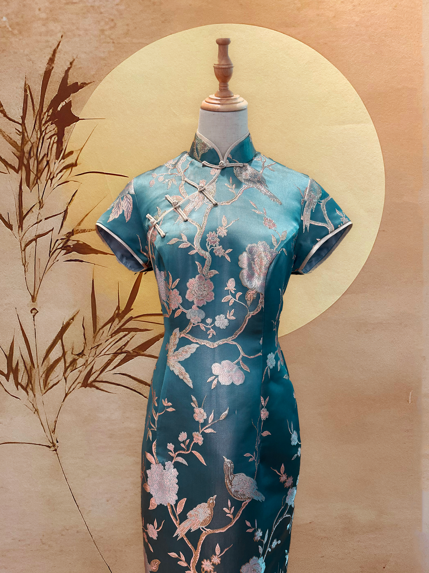 Dark Green Jacquard Cheongsam with Gold Trimming and Frog Buttons