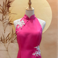 Fuchsia Pink Duchess Satin Cheongsam with White Floral Appliqué and Back Peephole