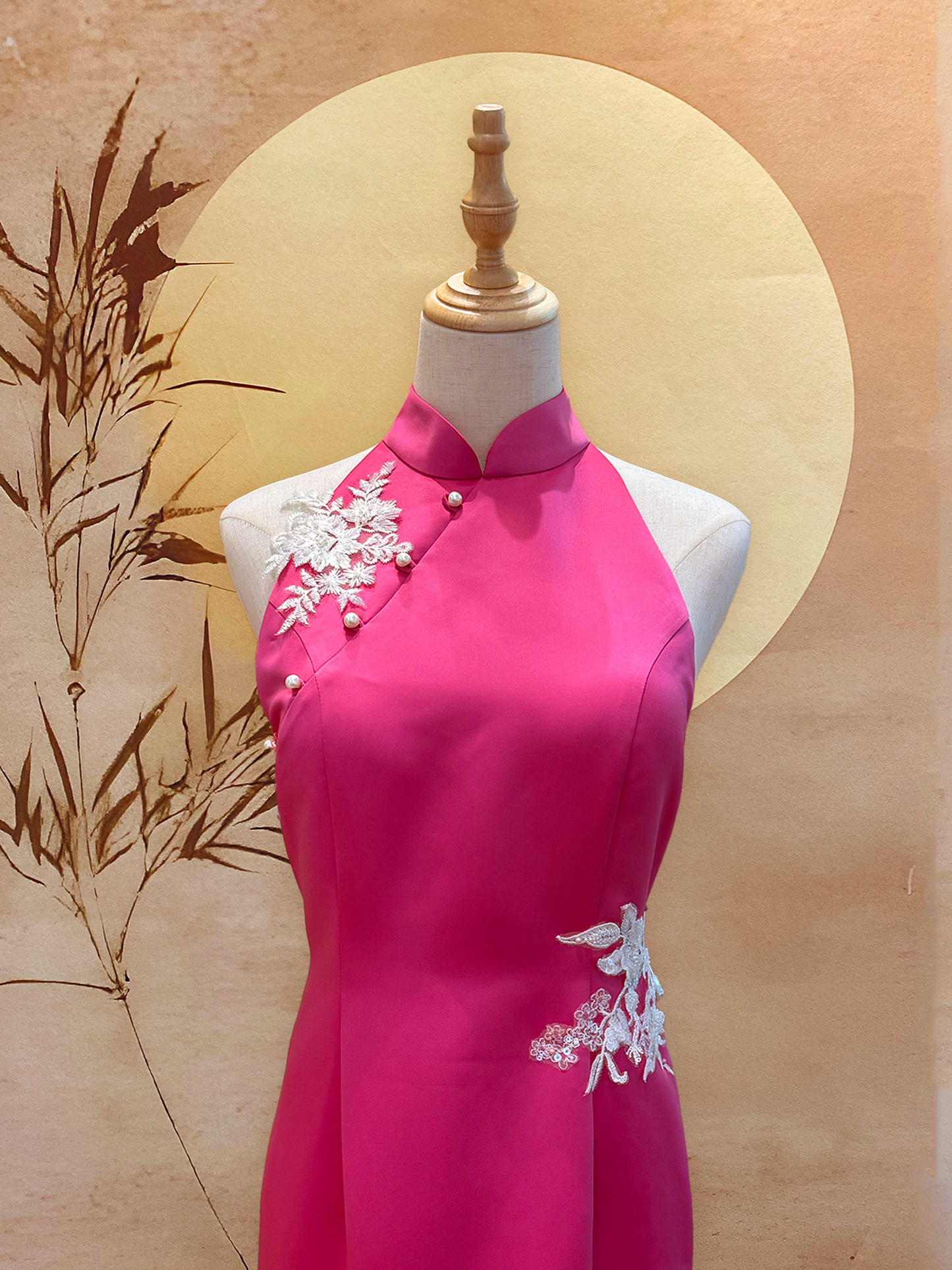 Fuchsia Pink Duchess Satin Cheongsam with White Floral Appliqué and Back Peephole